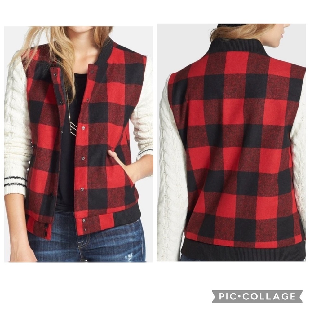 Thread & Supply | Buffalo Plaid Jacket with Cable Sweater Sleeves; Size Small